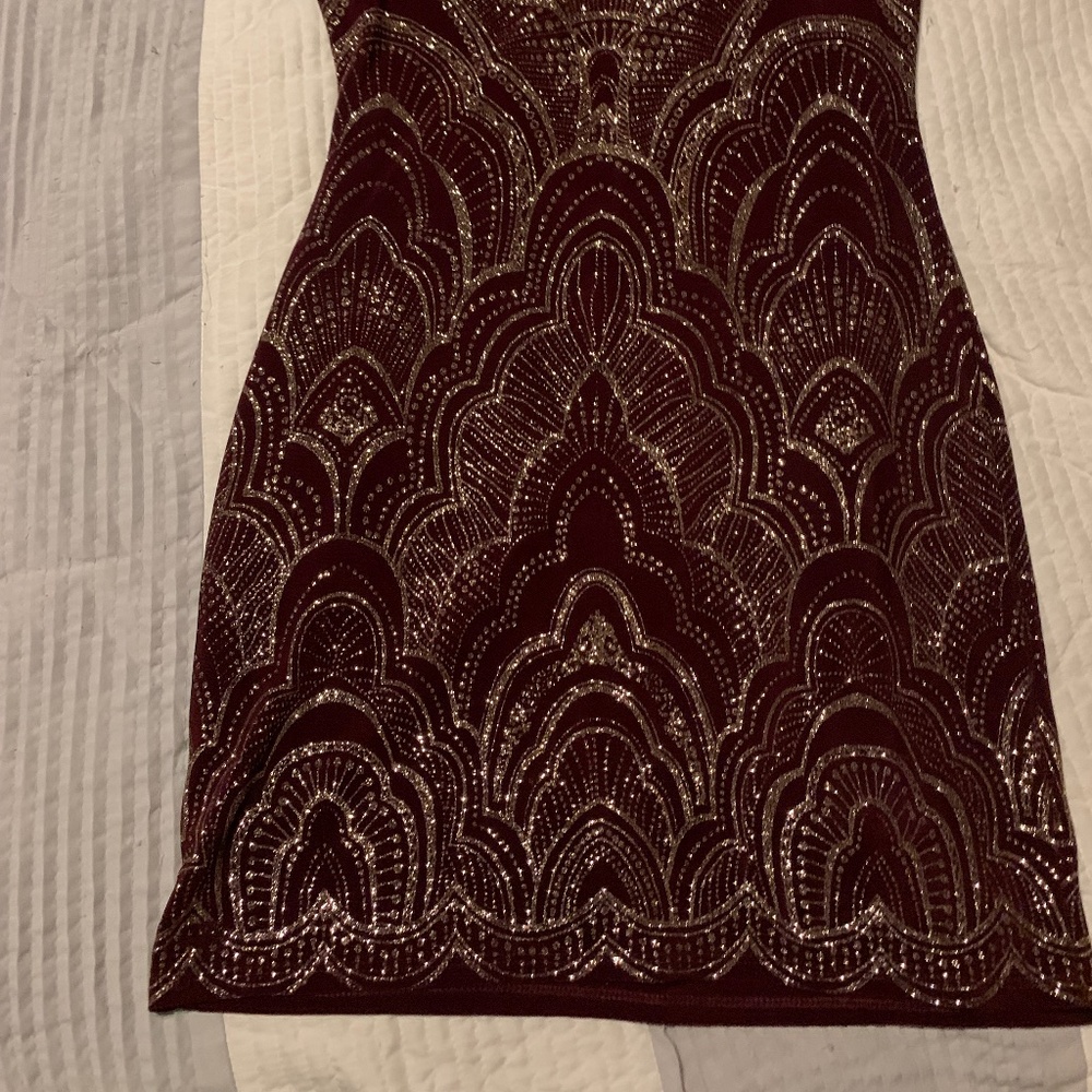 Art Deco, Maroon cocktail dress with gold designer